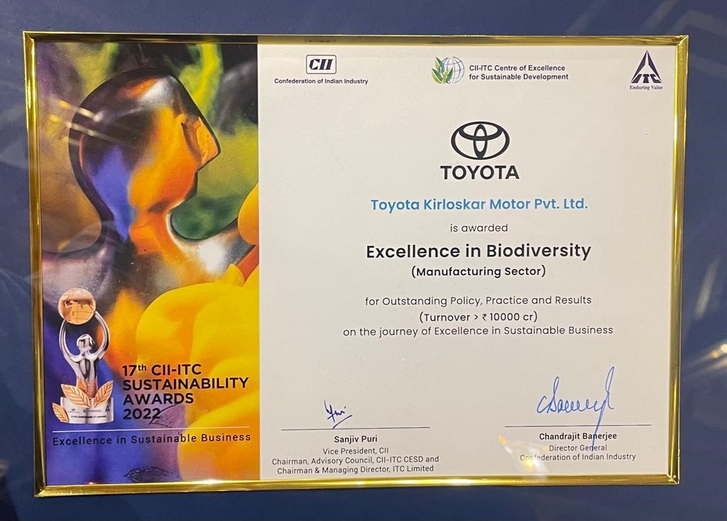 Toyota Kirloskar Motor honoured with CII-ITC Sustainability Awards 2022 for Excellence in Biodiversity